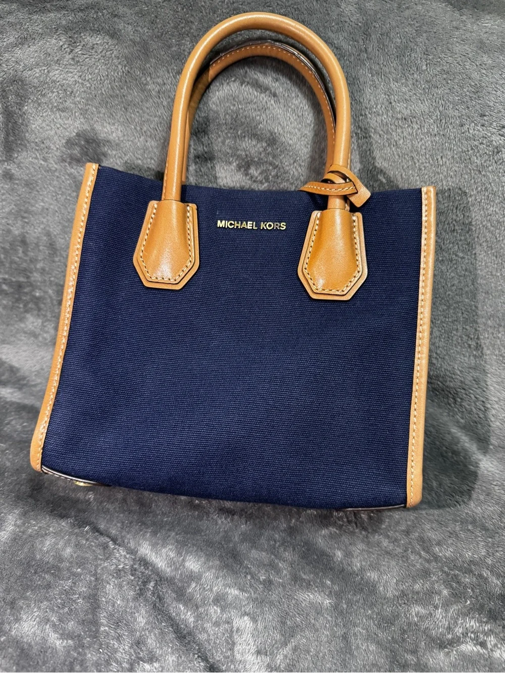Michael Kors Navy and Tan Satchel with Gold Accent